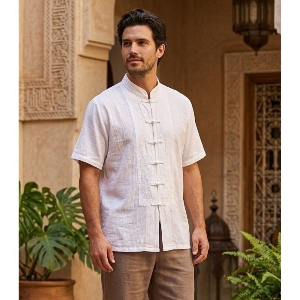 Norm Thompson Ribbon Toggle Closure Shirt Men's M White Minimalist Rayon Coastal
